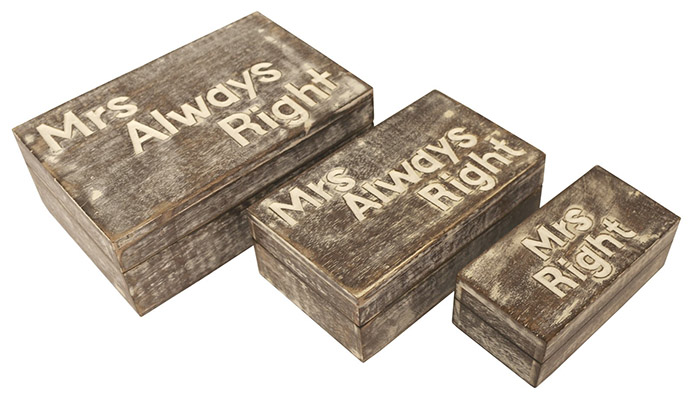 Mango Wood Set Of 3 Mrs Always Right Boxes Burnt White Finish - Click Image to Close